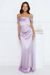 Silken Starlet Off Shoulder Satin Maxi Dress Lavender