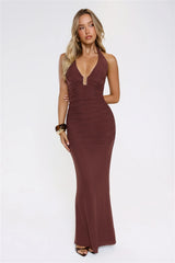 Sultry Ruched Halter Maxi Dress Chocolate