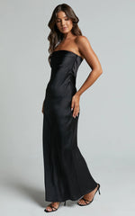 Charlita Maxi Dress Strapless Cowl Back Satin Dress in Black
