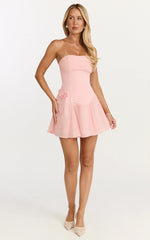 Penny Mini Dress Strapless Corset Bodice Floral Embellished Godet Dress in Soft Pink