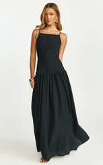 Cortez Maxi Dress Square Neck Button Down Dropped Waist Dress in Black