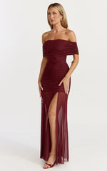 Alanna Maxi Dress Off Shoulder Ruched Mesh Dress in Wine