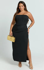 Avery Midi Dress Strapless Draped Side Split Dress in Black