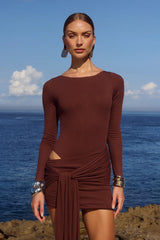 EVELYN SLEEVED CUT OUT MINI DRESS BITTER CHOCOLATE