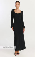 Michelle Maxi Dress Scoop Neck Flute Sleeve Knit Maxi Dress in Black