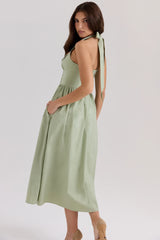sage stretch cotton halter neck midi dress
