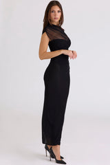 black draped mesh maxi dress