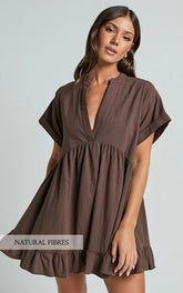 Calissa Mini Dress Frill Hem Smock Dress in Chocolate