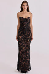 black blush lace corset maxi dress
