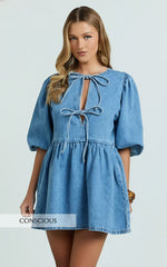 Shailene Mini Dress Tie Front Puff Sleeve Recycled Denim Dress in Mid Blue Wash