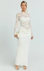 Crisanta Maxi Dress Long Sleeve Contrast Lace Bodycon Dress in Ivory