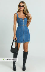 Chrysoula Mini Dress Square Neck Zip Front Sleeveless Bodycon Denim in Mid Blue Wash