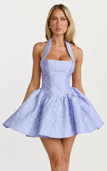 Maddy Mini Dress Square Neck Halter Fit And Flare Dress in Blue