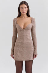 brown puppytooth check plunge mini dress sale