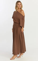 Tami Midi Dress Off Shoulder Dress in Chocolate