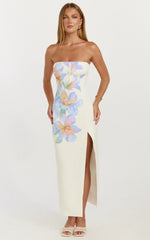 Astra Midi Dress Strapless Split Leg Column Dress in Astra Posey Floral Print