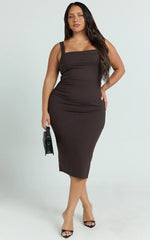 Tiffy Midi Dress Square Neck Ruched Bodycon Dress in Chocolate