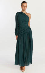 Grittah Maxi Dress One Shoulder Bishop Sleeve High Split Ruched Dress in Emerald