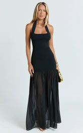 Barbara Maxi Dress Halter Scoop Neck Contrast Georgette Dress in Black