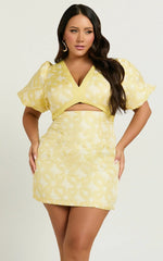 Diana Mini Dress Jacquard Short Sleeve Cut Out Dress in Lemon