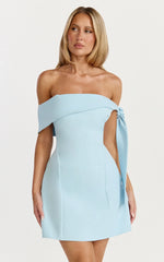 Cecilia Mini Dress Off Shoulder Tie Detail Dress in Pale Blue