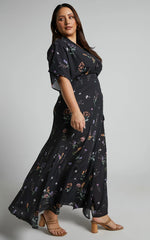 Erenza Maxi Dress Extended Sleeve Wrap Dress in Black Flower Field