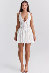 white cotton broderie anglais plunge mini dress