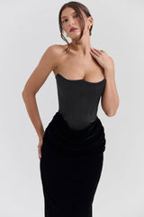 black velvet strapless corset maxi dress