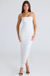 white gathered stretch mesh maxi dress