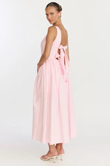 Casina Midi Dress Boat Neck Tie Back Fit And Flare Dress in Pale Pink