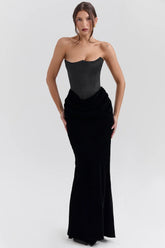 black velvet strapless corset maxi dress