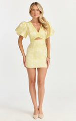 Diana Mini Dress Jacquard Short Sleeve Cut Out Dress in Lemon