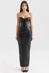 black strapless vegan leather midi dress