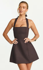 Dante Mini Dress Halter Neck Tie Tulip Skirt Dress in Chocolate