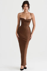 chocolate corset maxi dress