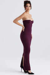 grape strapless corset maxi dress
