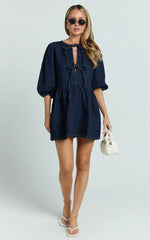 Shailene Mini Dress Tie Front Puff Sleeve Recycled Denim Dress in Raw Indigo