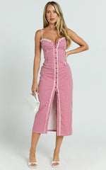 Anessa Midi Dress Button Front Bustier Fitted Dress in Red Gingham