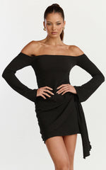 Noah Mini Dress Off Shoulder Draped Skirt Jersey Dress in Black