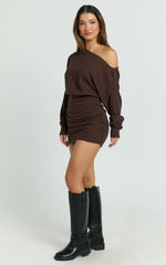 Alyce Mini Dress Long Sleeve One Shoulder Dress in Chocolate