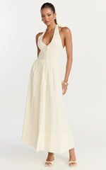 Everly Midi Dress Tie Halter Neck Button Down Bodice Fit And Flare Dress in Cream