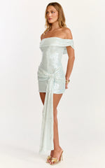 Myra Mini Dress Off Shoulder Draped Sequin Dress in Soft Blue