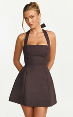 Dante Mini Dress Halter Neck Tie Tulip Skirt Dress in Chocolate