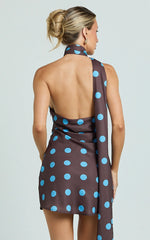 Maddox Mini Dress Scarf Neck Low Tie Back Slip Dress in Polka Dot Print