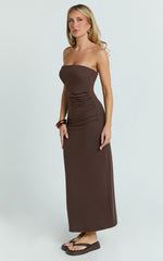Natasha Midi Dress Strapless Ruched Column Dress in Chocolate