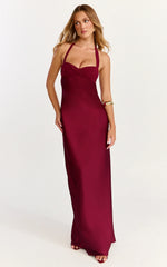 Flynn Maxi Dress Satin Halter Sweetheart Neck Dress in Wine