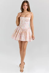 peach floral print stretch cotton mini sundress