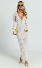 Paula Midi Dress Lace V Neck Long Sleeve Column Dress in White