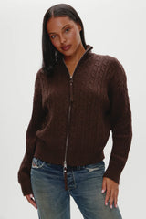 Bea Cable Knit Zip Up Sweater Chocolate Brown
