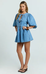 Shailene Mini Dress Tie Front Puff Sleeve Recycled Denim Dress in Mid Blue Wash